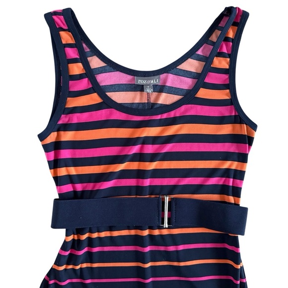 Y2K Roz & Ali stretchy Striped Maxi Dress with Belt USA beach summer sz 4 #961 - Picture 2 of 13